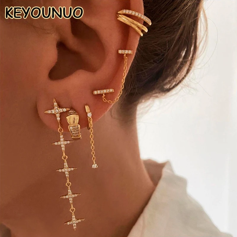 

KYOUNUO Cute Gold Plated CZ Stud Earrings Set For Women Ear Cuffs Zircon Dangle Earrings Fashion Wedding Party Jewelry Wholesale