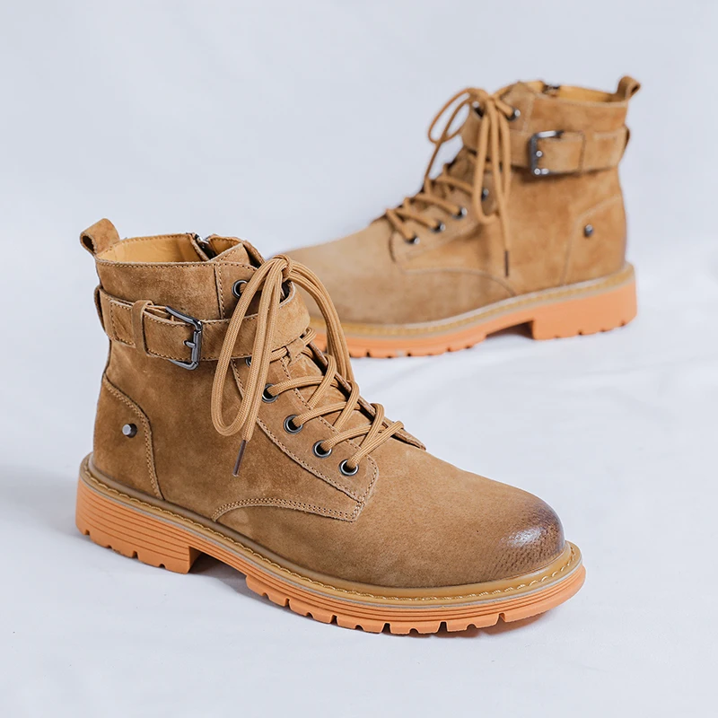 Мужские ботильоны на толстой подошве черные кожаные мотоциклетные ботинки