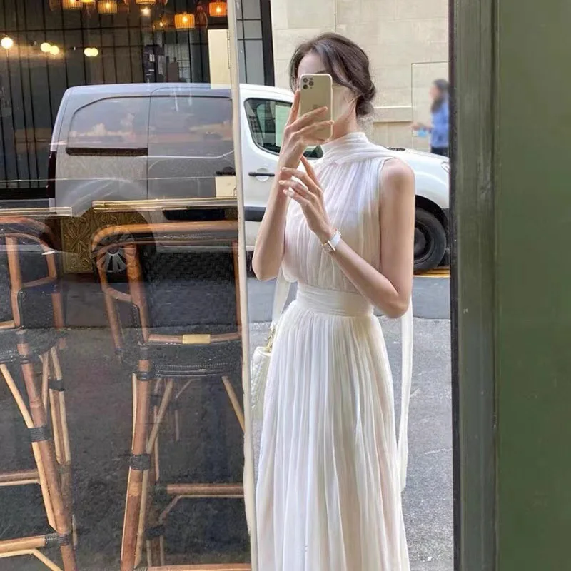 

2022 Spring Summer Sleeveless Gentle Fairy Skirt French Dress Female Waist Hanging Mid Calf Neck Long Skirt white dress women