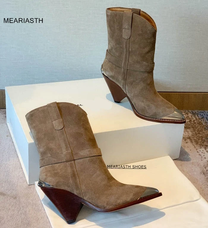 

Metal decor pointed toe ankle boots real leather spike high heel chelsea boots runway shoes women cowboy boots cossacks botas