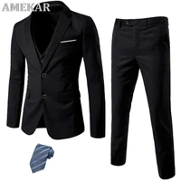 mens 3 piece slim fit suit set 2 button blazer jacket vest pants with tie for man business solid wedding dress trousers tuxedo