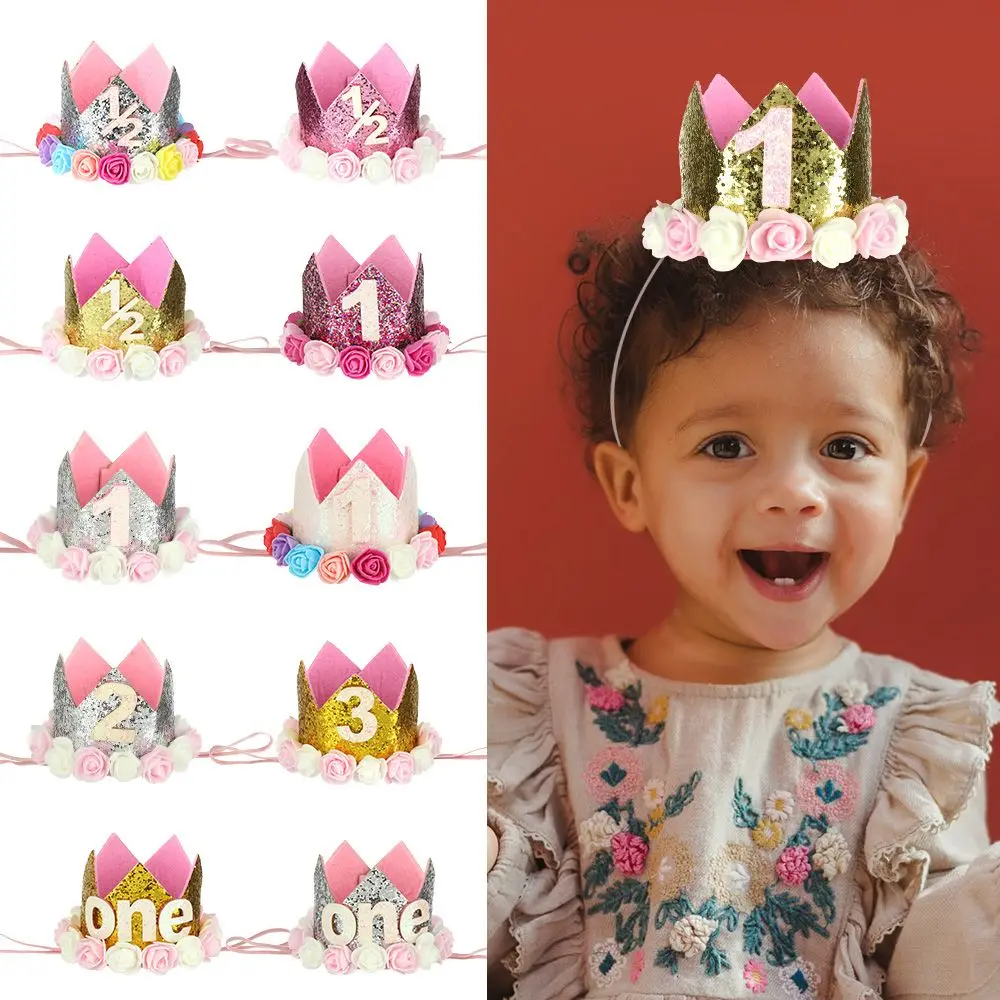 

Boy Girl Head Band 1/2/3/half/one Gender Reveal Christening Happy Birthday Party Hats Baby Crown Prince/Princess Cap