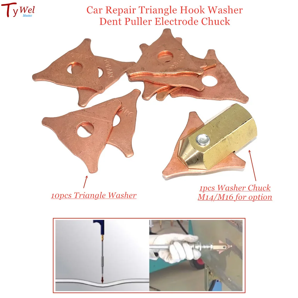 11pcs Car Repair Triangle Hook Washer Dent Puller Electrode Chuck Stud Welder Spot Welding Spotter Triple Cornered Pad