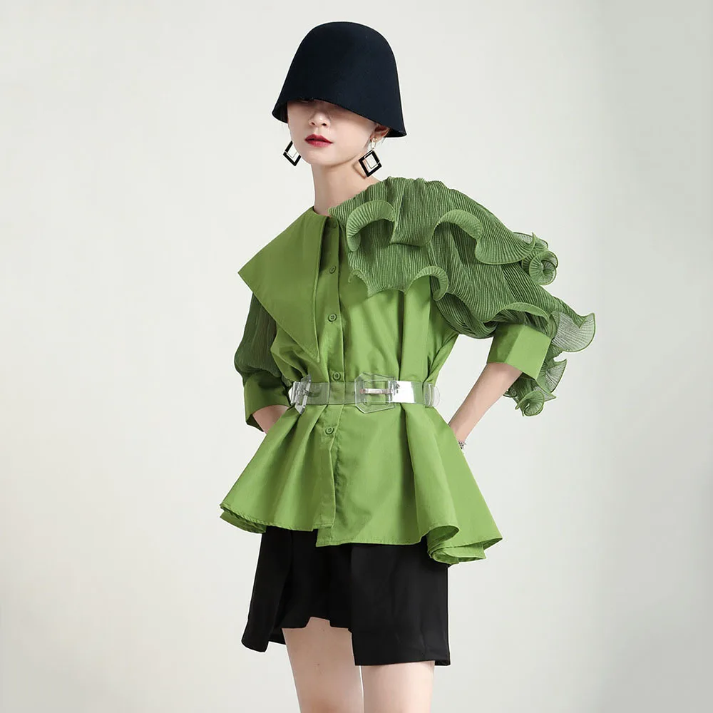 

Women Green Ruffles Big Size Irregular Blouse New Lapel Half Sleeve Loose Fit Shirt Fashion Spring Summer 2022