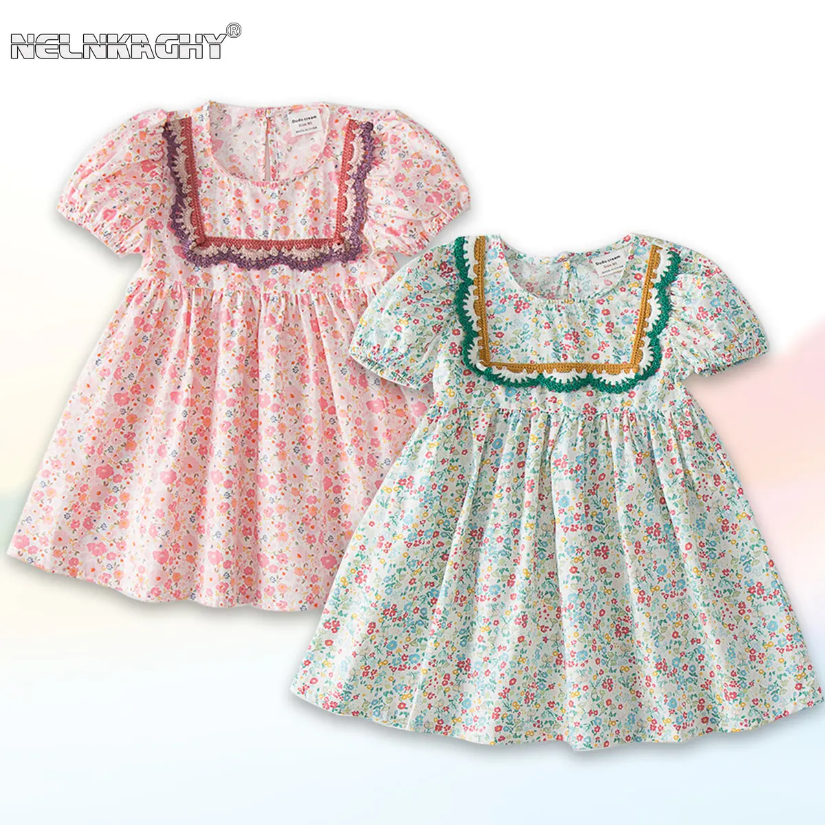 2023 New In Summer Kids Baby Girls Puff Sleeve Floral Lace Knee-length Dresses Children Princess Cute Clothing Cotton Dress