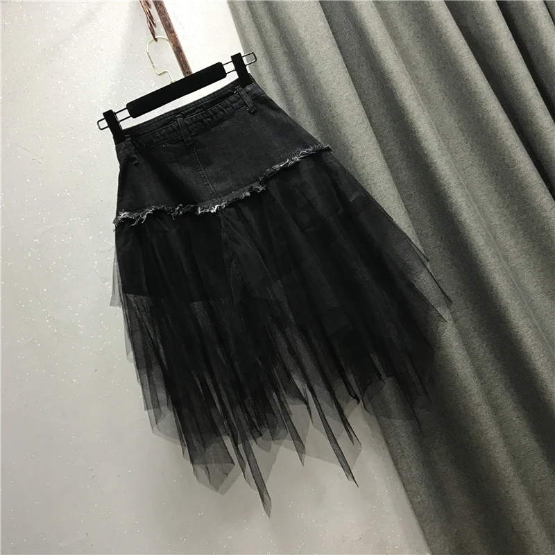 wa gotycka tiulowa spódnica dżinsowa Tutu damska nieregularna wysoka talia linia plisowana Midi Patchwork Punk asymetryczna letnia impreza klubowa