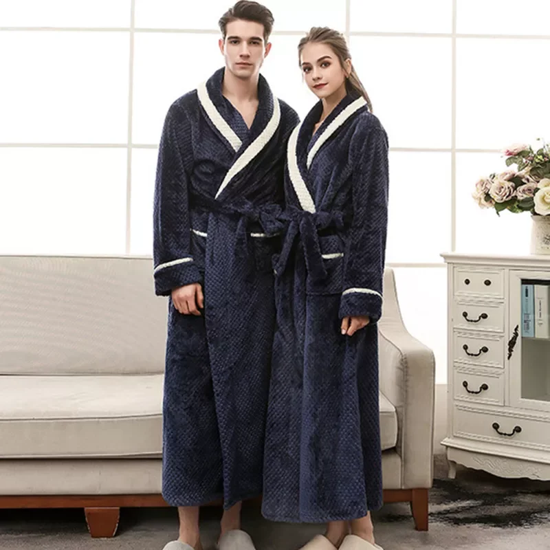 

Women's and Men's Terry Bathrobe with Sashes Solid Long Sleeve Ladies Dressing Gown Winter Thick Ankle Length Bath Robe