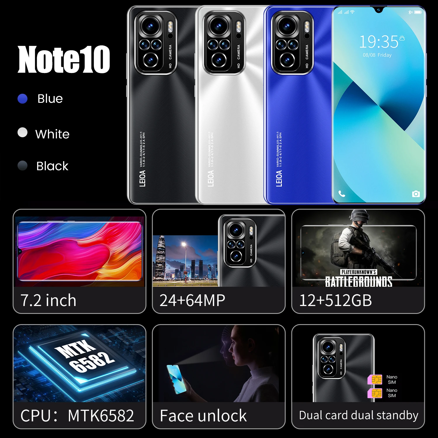latest smart phone note 10 12gb ram 512gb rom 7 2 inch 2464mp hd screen dual sim unlocked smartphone latest 5g mobile phone free global shipping