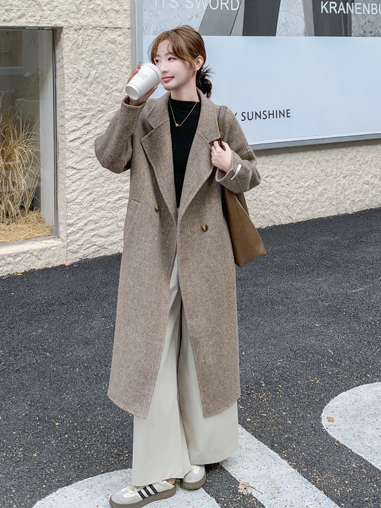 Oatmeal Long Suit Cashmere coat Women 2024 Winter New High-Grade Temperament Double-sided Woolen Jacket |