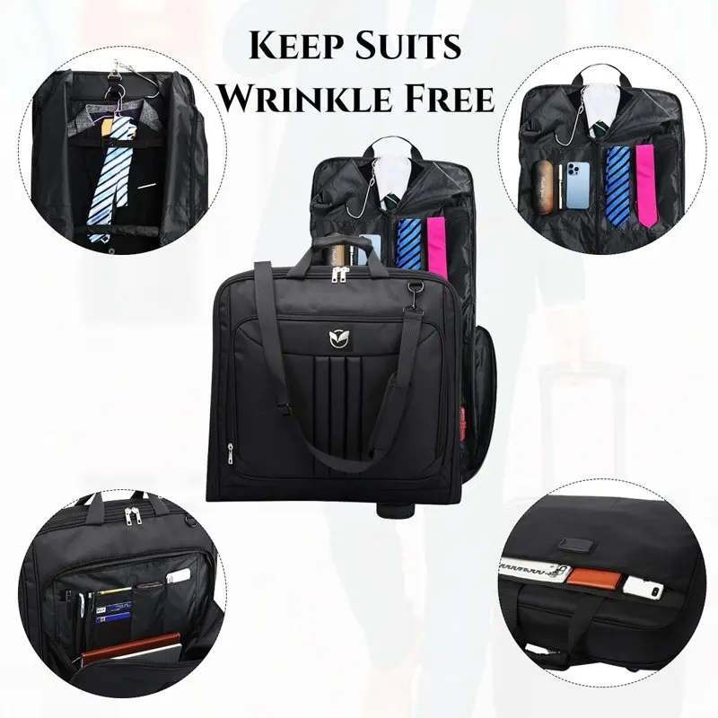 Suit Garment Bag for Travel for Men Women - Suit Case with Shoulder Strap and Rolling Luggage Attachment Point in Black, Perfect