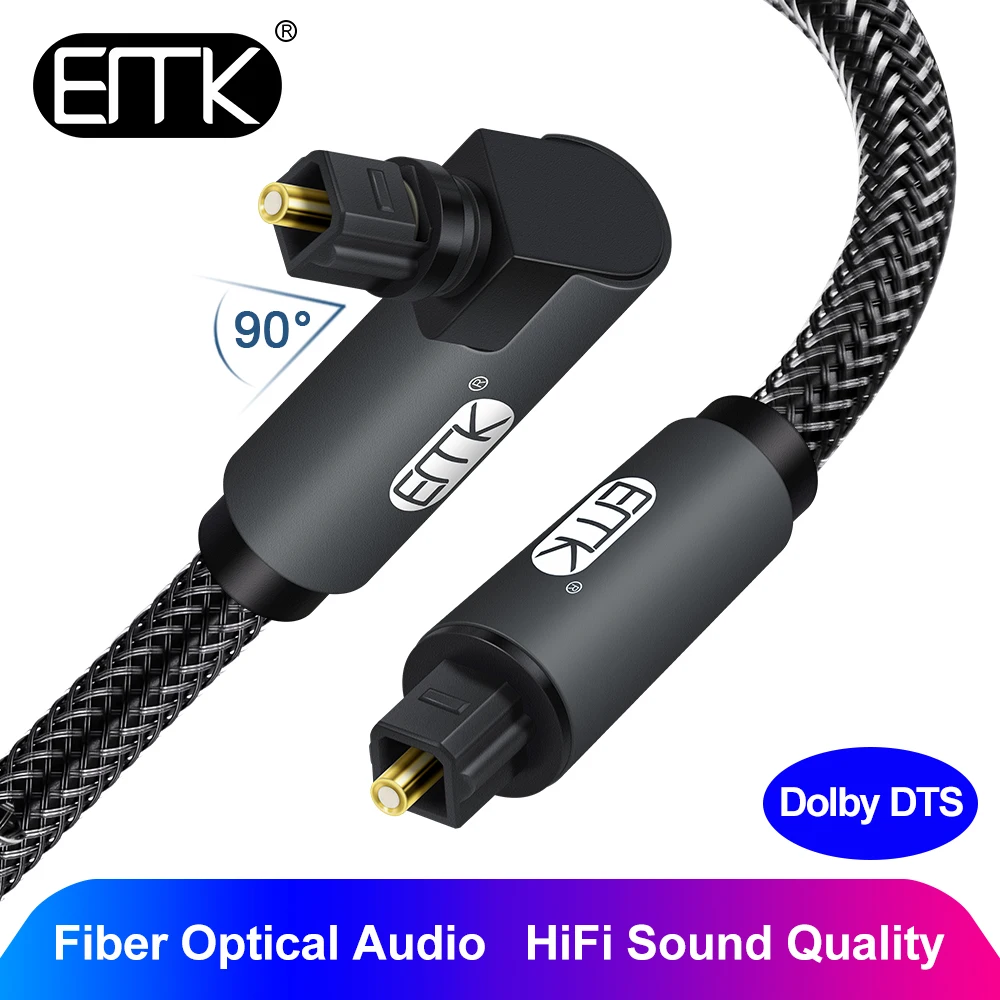 EMK Optical Cable 90 Degree Right Angle Toslink Cable Optical Audio Cable SPDIF Nylon Braided for Soundbar, Smart-TV, Speaker