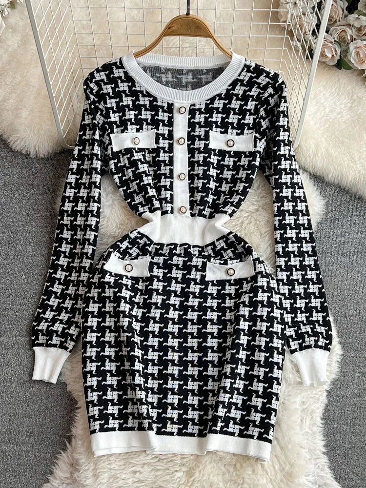 

Женское трикотажное платье-трапеция, Корейская версия, с круглым вырезом и поясом, модель D5137 на осень