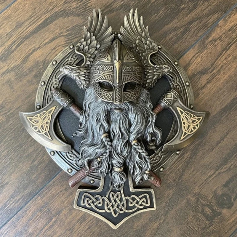 

1PC Retro Viking Berserker Double Axe Plaque Resin Statue Ornament Vintage Warrior Valhalla Sculpture Figurine Wall Decoration