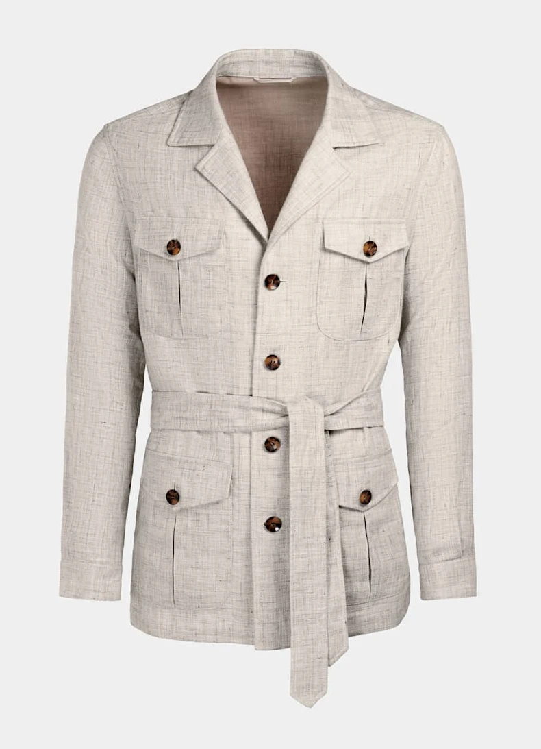 Летний льняной маленький костюм мужской тонкий пиджак сафари с длинными