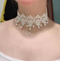 2022new korean retro super fairy white lace pearl pendant collar choker sweet and gentle short neckband collarbone chain