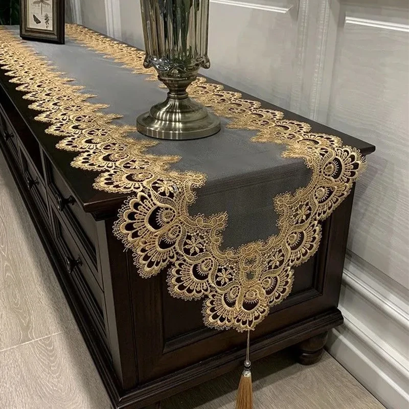 Embroidered Lace Table Runner TV Cabinet Wedding Party Tablecloth Lace Pendant Tassel Dresser Luxury Table Flag Dust Cover 2023