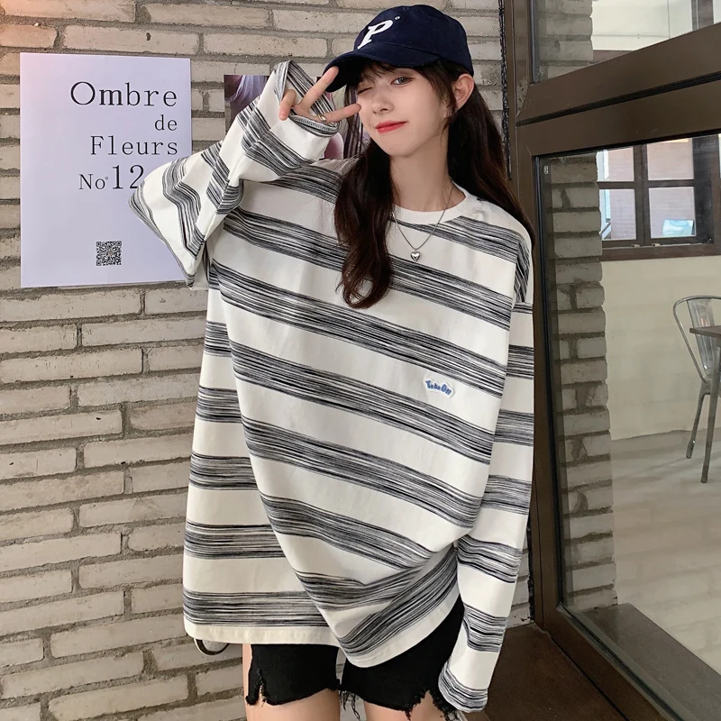 

Полосатая футболка DAYIFUN с длинным рукавом, свитшот, пуловер, Женский весенне-осенний Свободный Тонкий винтажный женский топ большого размера