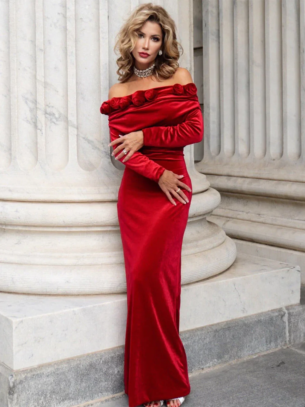 Modphy Сексуальное длинное платье макси с открытыми плечами и длинными рукавами 3D