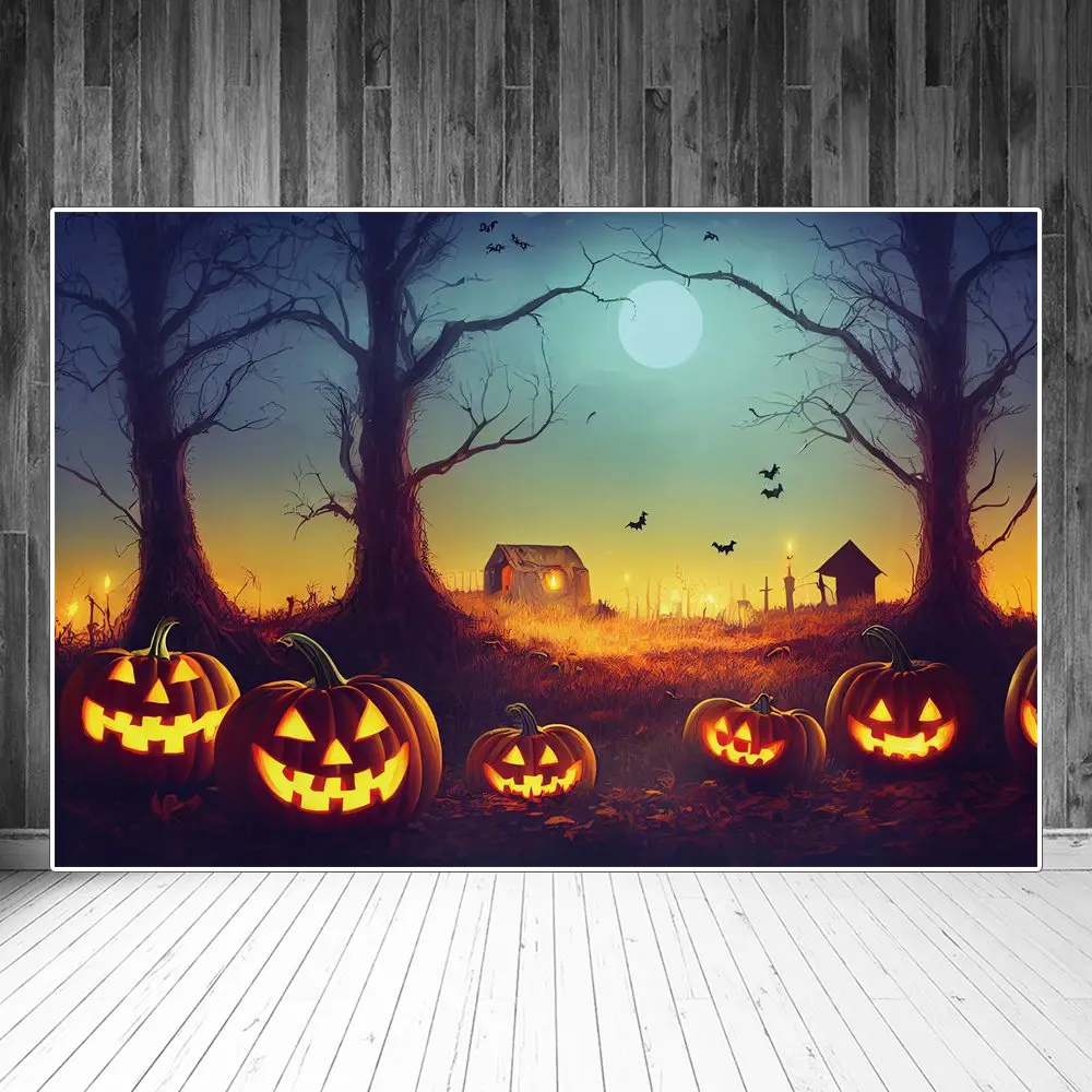 

Halloween Pumpkin Lantern Photography Backdrops Decors Wild Moon Night Custom Kid Party Photobooth Photo Background Accessories