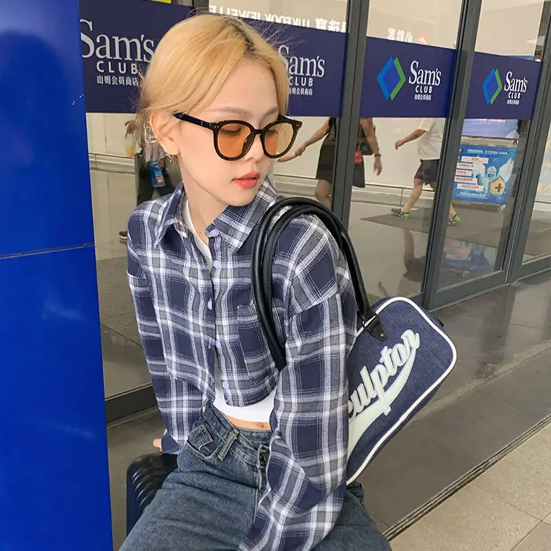 

Deeptown Cropped Plaid Blouses Women Casual Korean Preppy Style Streetwear Vintage Long Sleeve Top Y2k Fashion Harajuku Cardigan