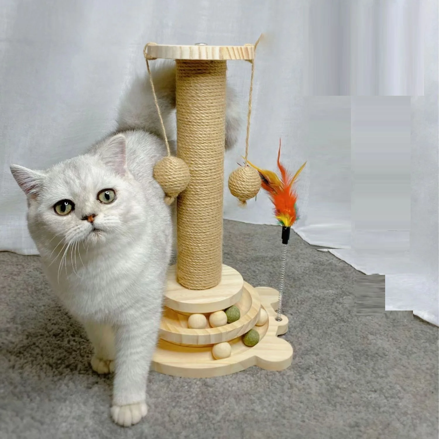 

2023 Pet Cat Toy Solid Wood Cat Turntable Funny Cat Stick Balls Durable Sisal Scratching Board Cat Supplies Cat Grab Column