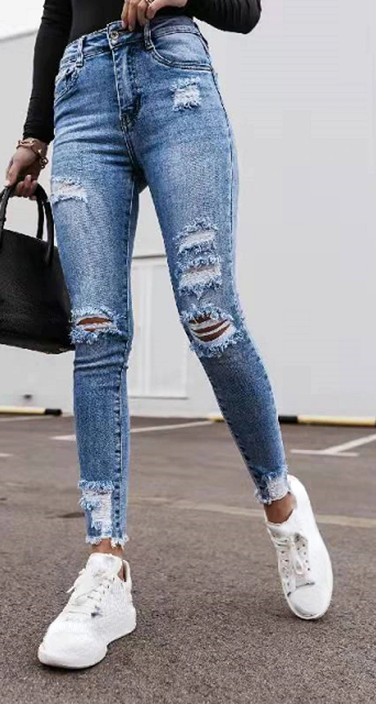 2023 New Street Style Fashion Ripped Slim Denim Trousers Ladies Jeans Women's Clothing