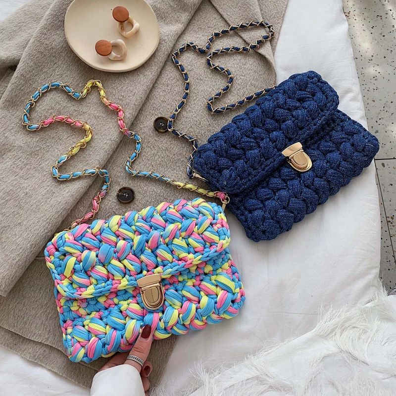 

Fashion Cotton Woven Crossbody Bags for Women 2021 Crochet Hand-woven Messenger Bag Chains Lock Shoulder Bag Females
