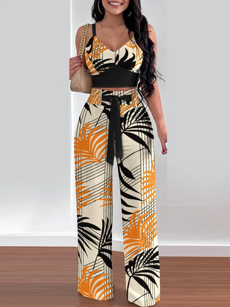Women Summer Print Tank Suit Tops And Long Pants Matching Set Casual Patchwork Pocket Female Mid Waist Slim Pants Two Piece Sets