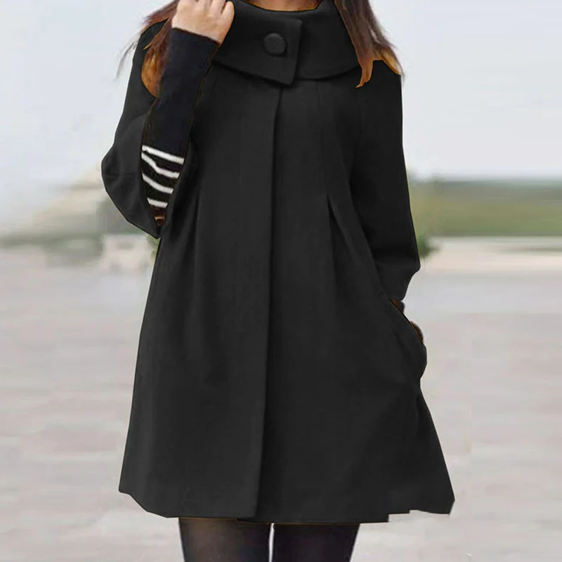 

Retro Women Turtleneck Button Hoodie Outwear Autumn Winter Simple Drape Pocket A-Shape Jacket Casual Half Sleeve Cape Wool Coat