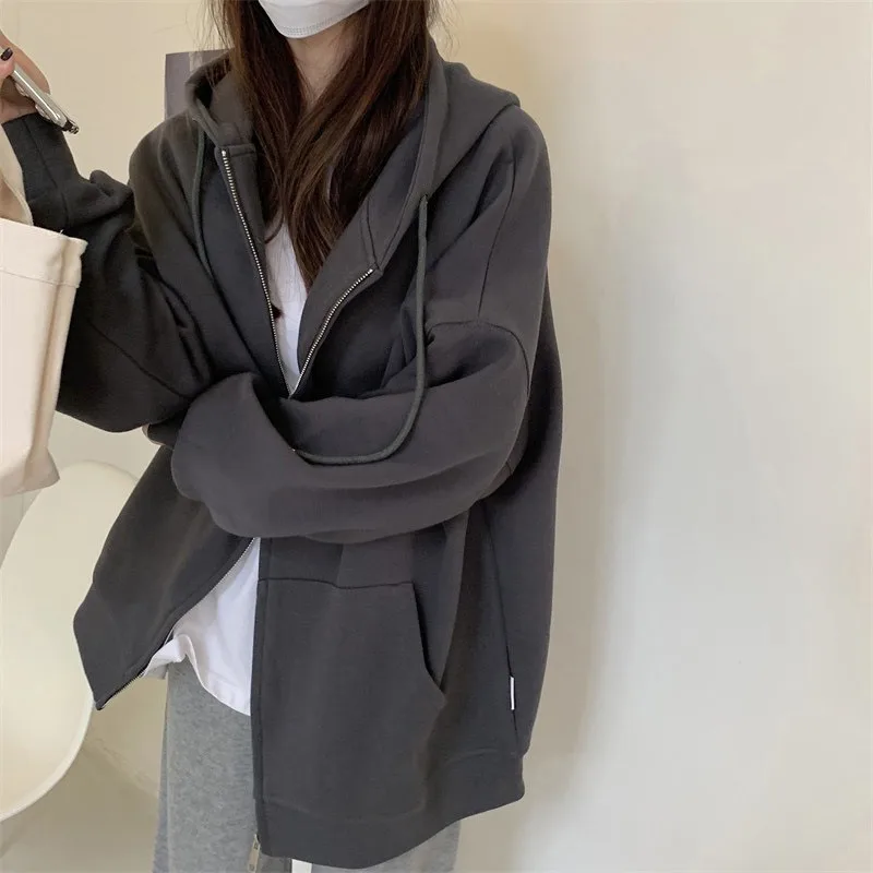 

Casual Girl Hoodie Loose Oversize Zip Up Sweatshirt Fashion Solid Pocket Top Coat Women Drawstring Hoodie Mujer K Pop Clothing