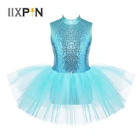 girls shiny sequins ballet tutu mesh dance dress kids child sleeveless hollow dancewear stage performance competition costume