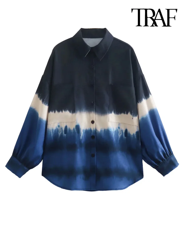 

TRAF Women Fashion Patch Pockets Tie-dye Print Loose Shirts Vintage Long Sleeve Button-up Female Blouses Blusas Chic Tops