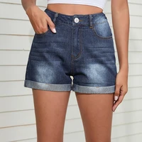 casual trendy straight dark blue shorts 2022 summer women jean shorts temperament commuter wash stretch mid waist denim shorts