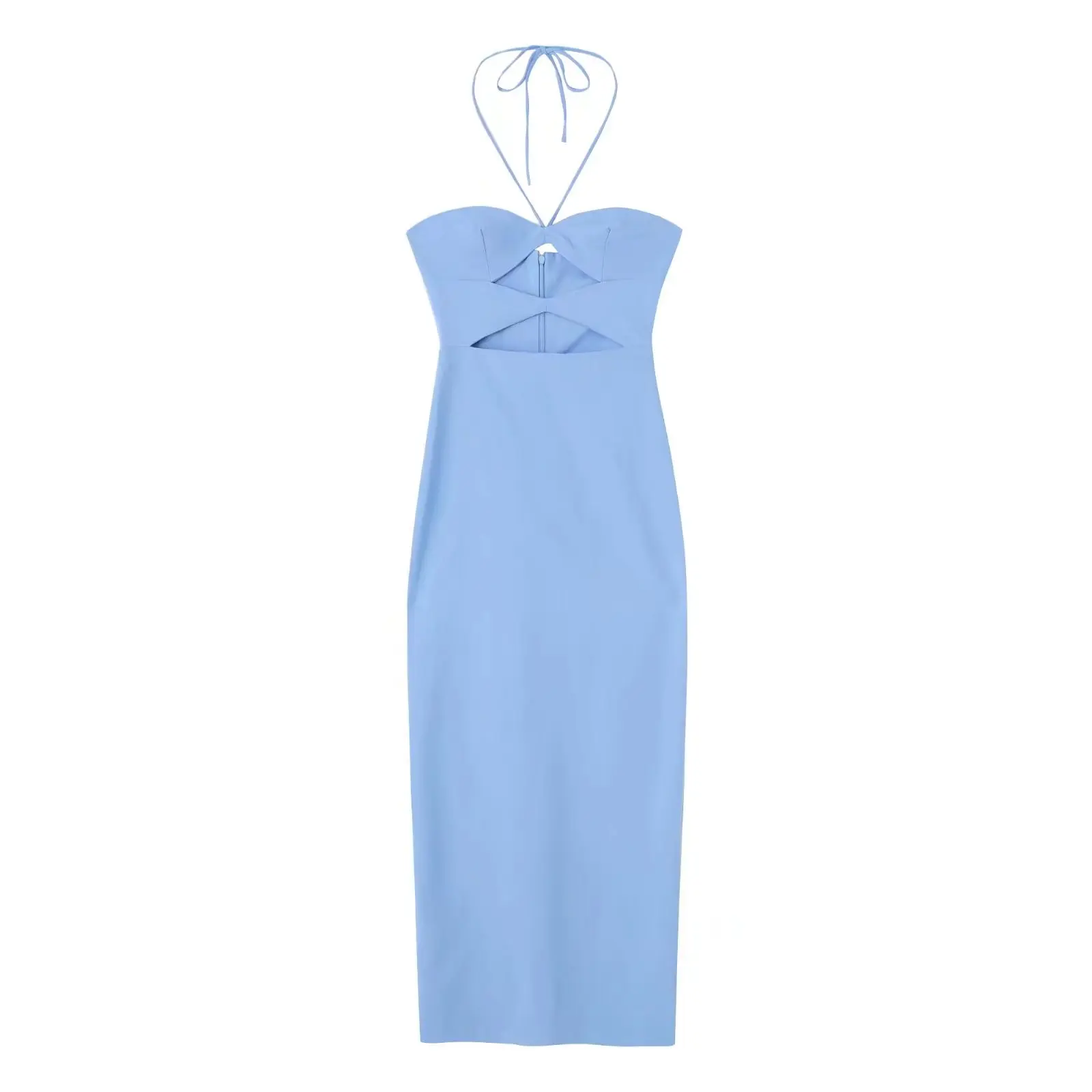 

2022 Women Fashion With Tied Cut Out Midi Dress Vintage Backless Zipper Thin Straps Female Dresses Vestidos Mujer