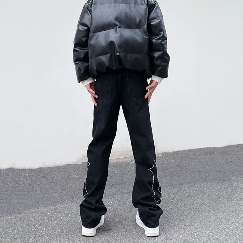 YIHANKE Washed Jeans Pants Men Hip Hop Embroidered Letters Special Sewing Straight Loose Oversized Casual Denim Trousers