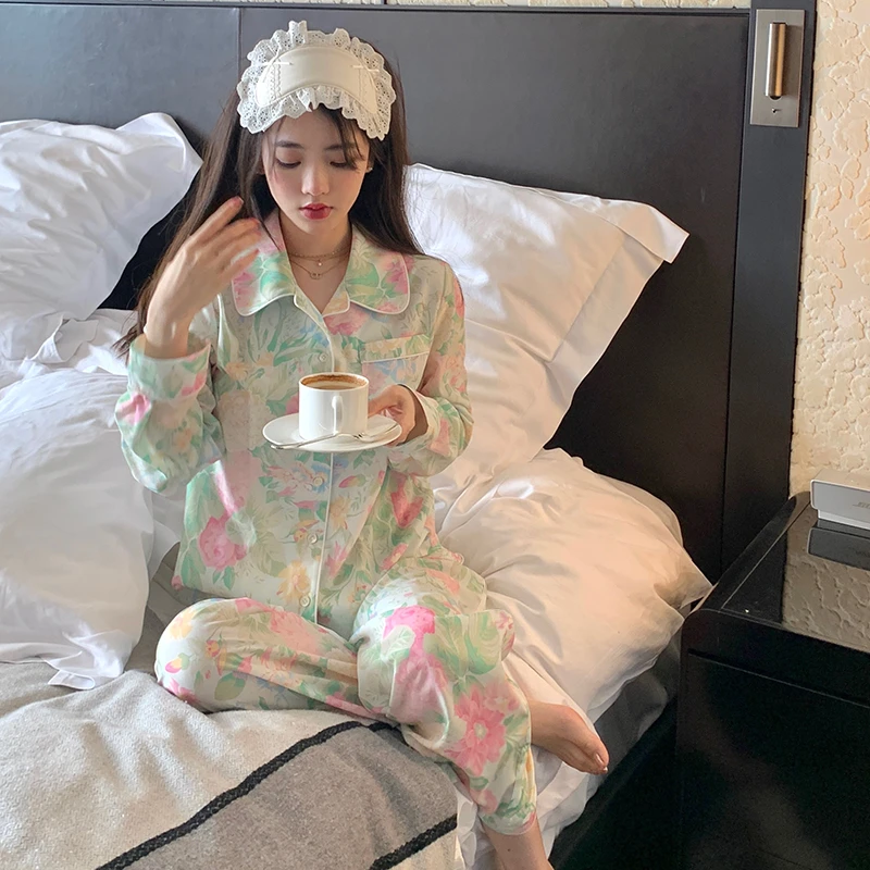 CAIYIER 2022 Winter Women's Pajamas Set Luxury Oil Paint Sleepwear Silky Touch Homewear Long Sleeve Nightwear Sexy Pyjamas Mujer