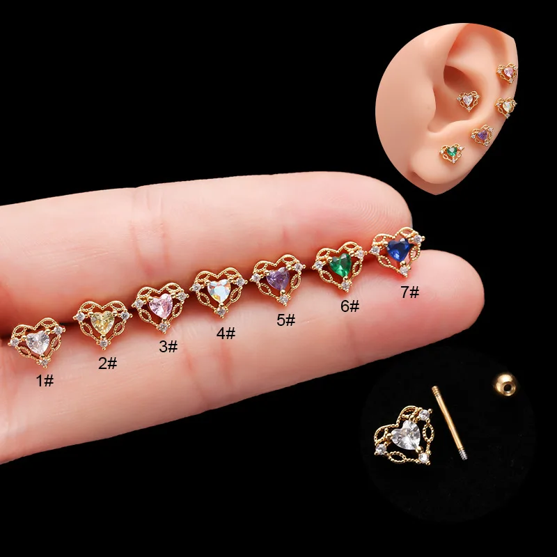 

1PC Surgical Steel Barbell With CZ Heart Ear Tragus Cartilage Helix Earrings Ear Studs Ear Cuff Rook Woman Lobe Piercing Jewelry