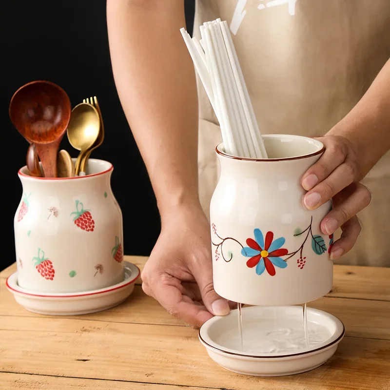 

1Pcs Ceramic Cutlery Conatiner Kitchen Utensils Storage Tube with Drainer Gadgets Tools Organizer Box Accessories Holder Jar