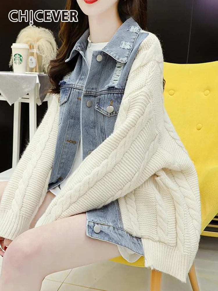 

CHICEVER корейский соединенный внакрой деним кардиган для женщин с лацканами с длинным рукавом однобортный минималистский цветной вязаный свитер женский