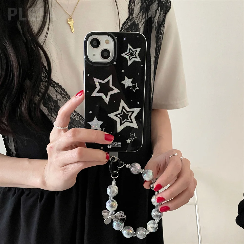 Cute Glitter Stars Bracelet Phone Case with Bracelet For iPhone 14 13 12 Pro Max 11 14 Pro Trendy Double-deck Hard Back Cover