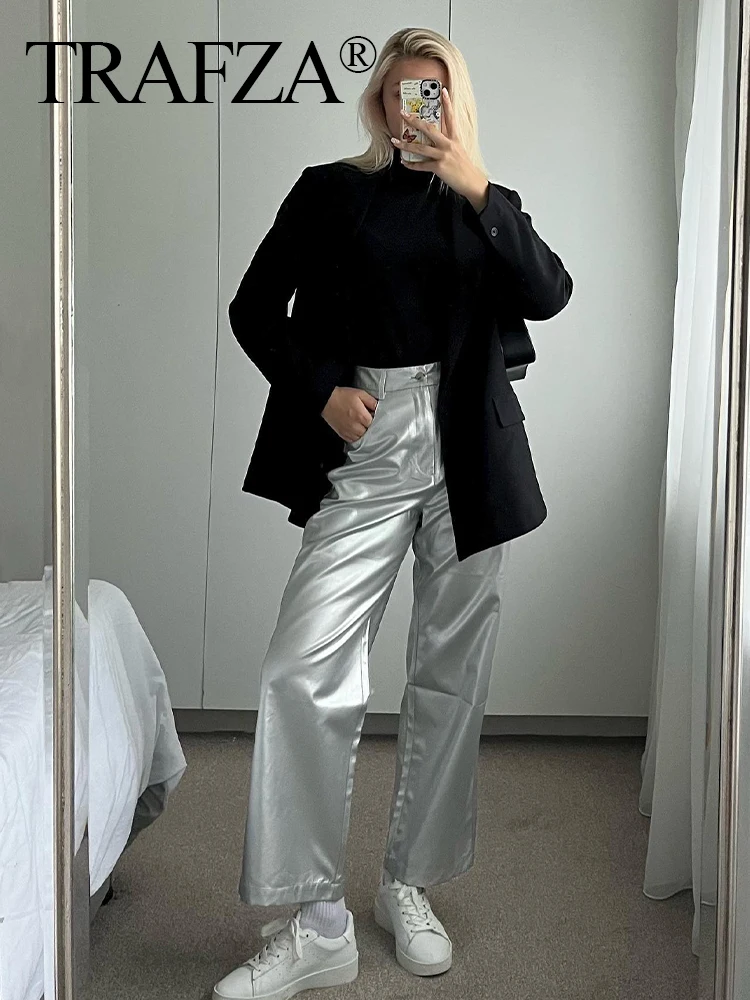 

TRAFZA Women Vintage Silver Straight Pants High Waist Slim Elastic Waist Trousers With Pockets Autumn Woman Fashion Streetwear