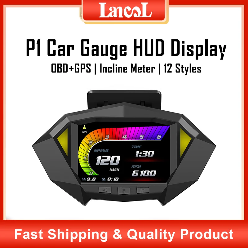 

P1 Car Head Up Display HUD Display OBD2 GPS Dual System Car Gauge Speedometer Incline Meter Car Driving Computer