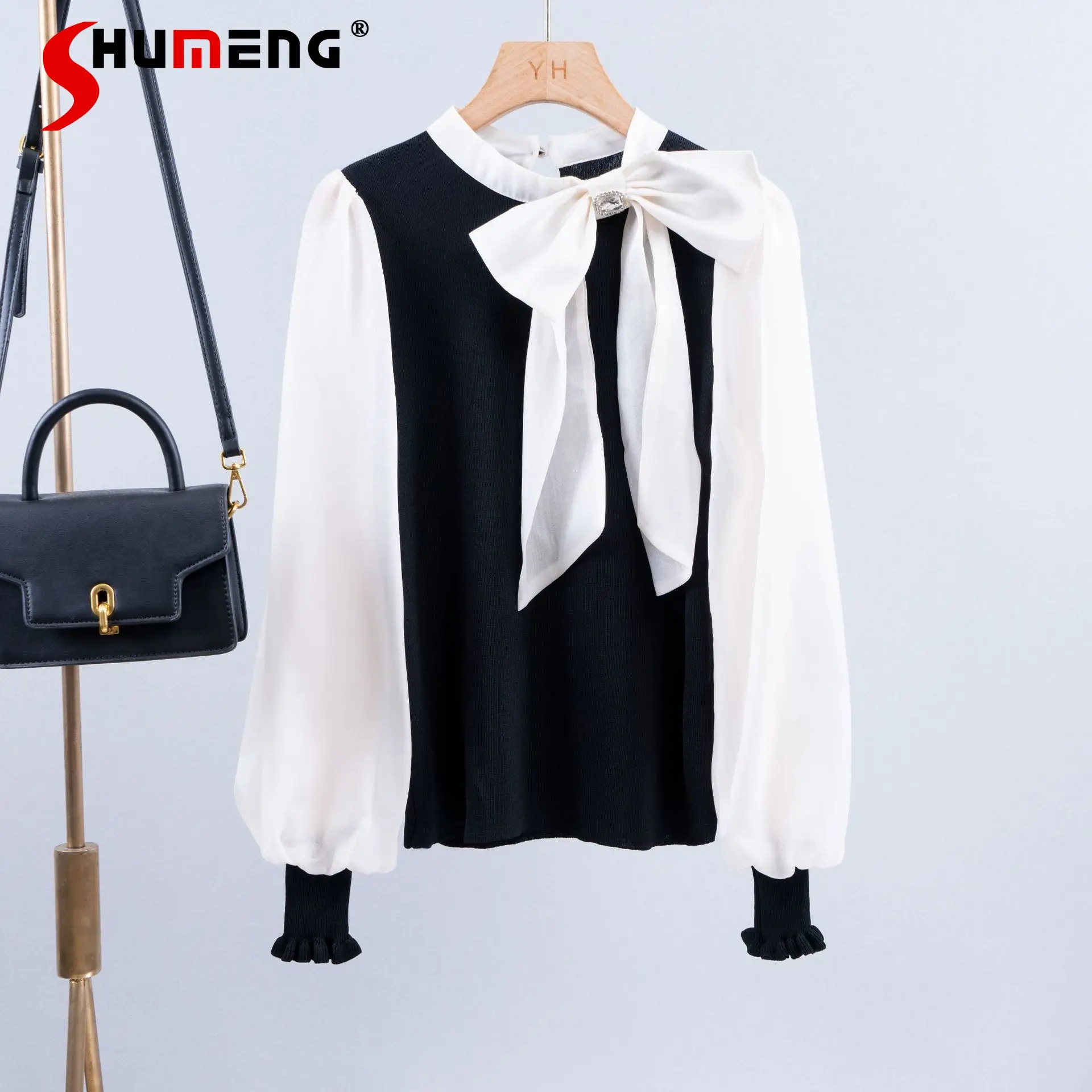 

2022 Autumn Winter New Knitted Pullover Puff Sleeve Bow Elegant Socialite Korean Style Knitwear for Women Bottoming Sweater