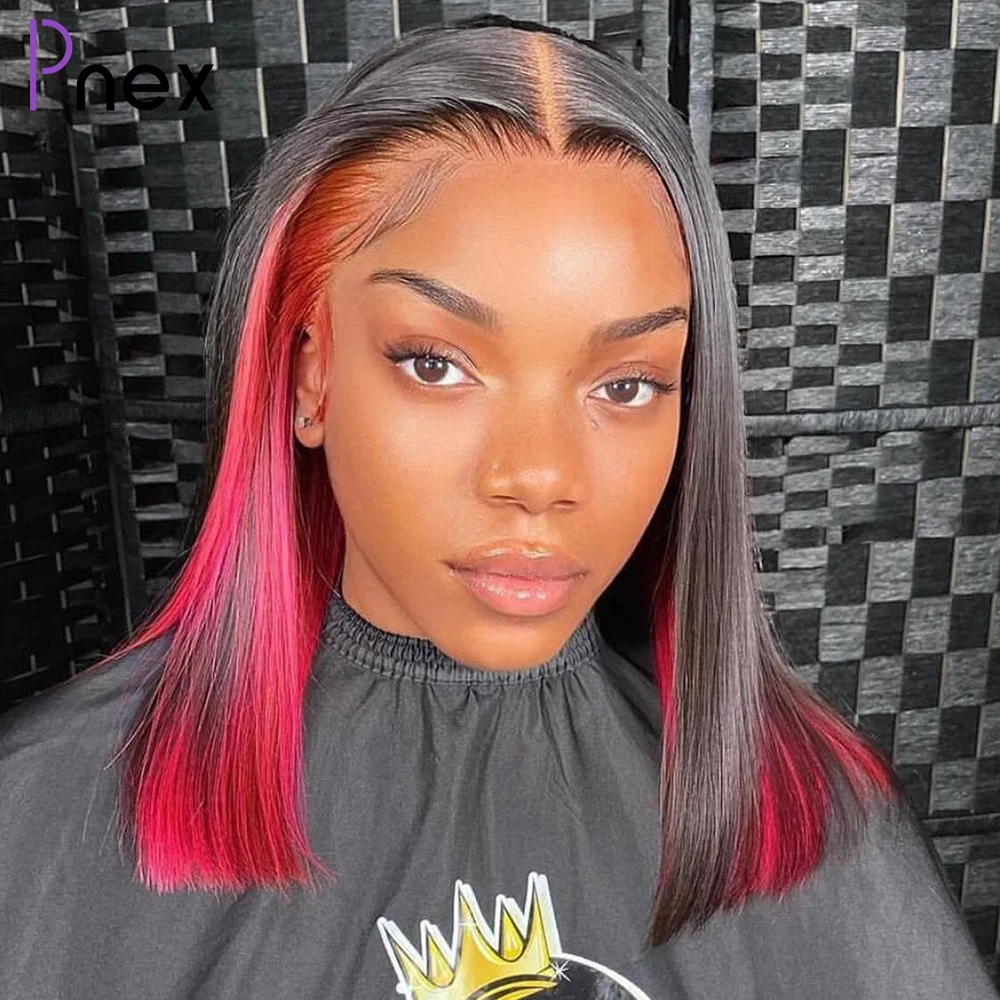Highlight Red Blunt Cut Bob Wig Transparent Lace 4x4 Closure Wig Brazilian Ombre Short Bob Straight Human Hair Wigs For Women