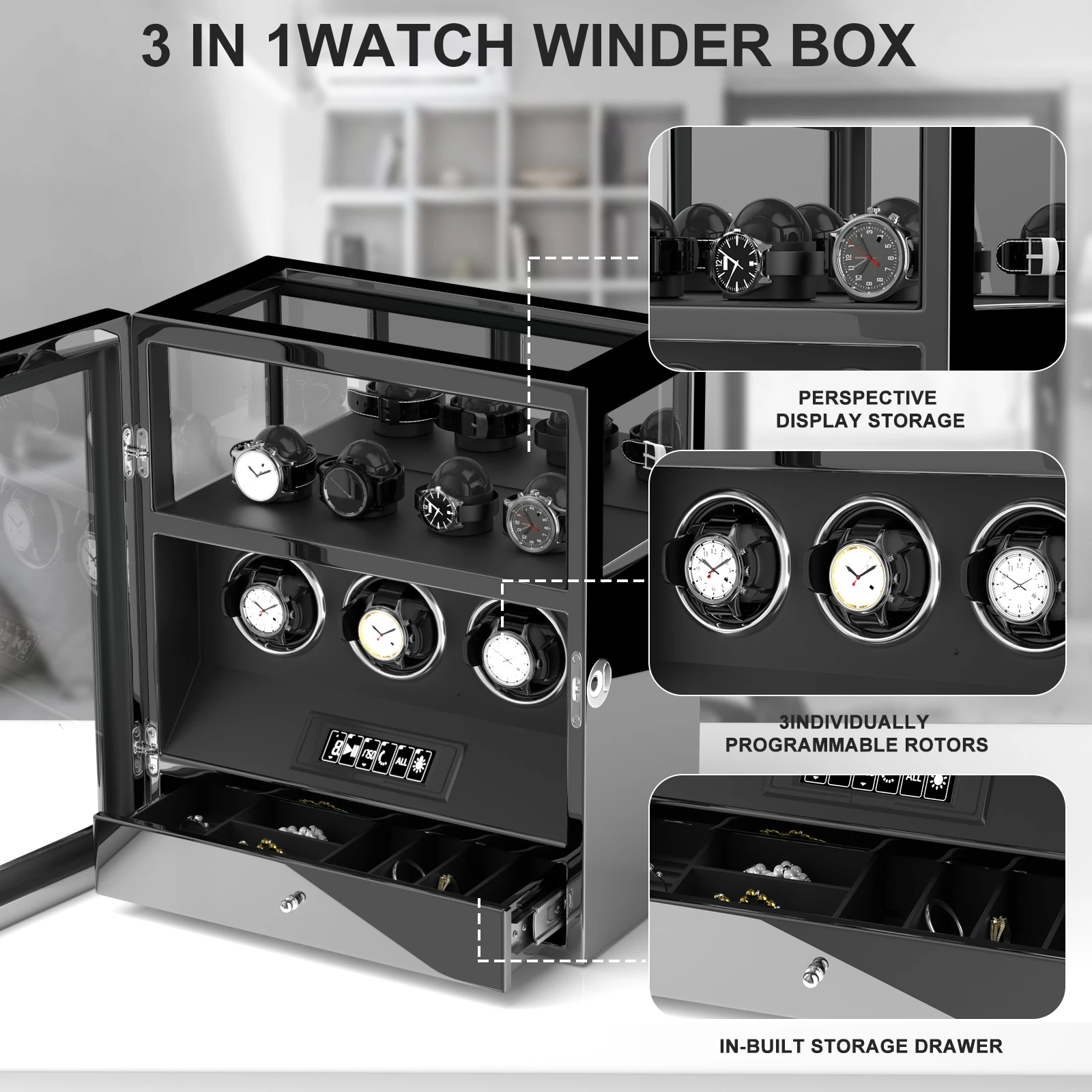 Fingerprint Unlock Automatic Watch Winder Stand Holder Display and Jewelry Storage Drawer Remote Control Watch Safe Box