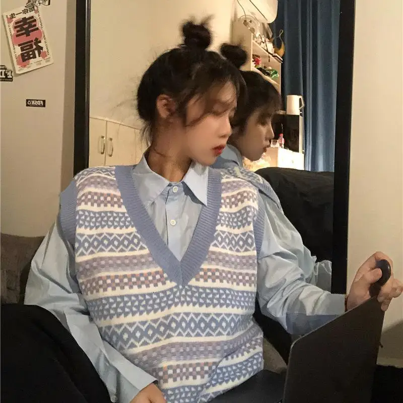 

Базовые винтажные пуловеры, джемпер, женская уличная одежда, вязаный жилет с геометрическим рисунком, безрукавка в полоску для женщин, Z35, весна-осень