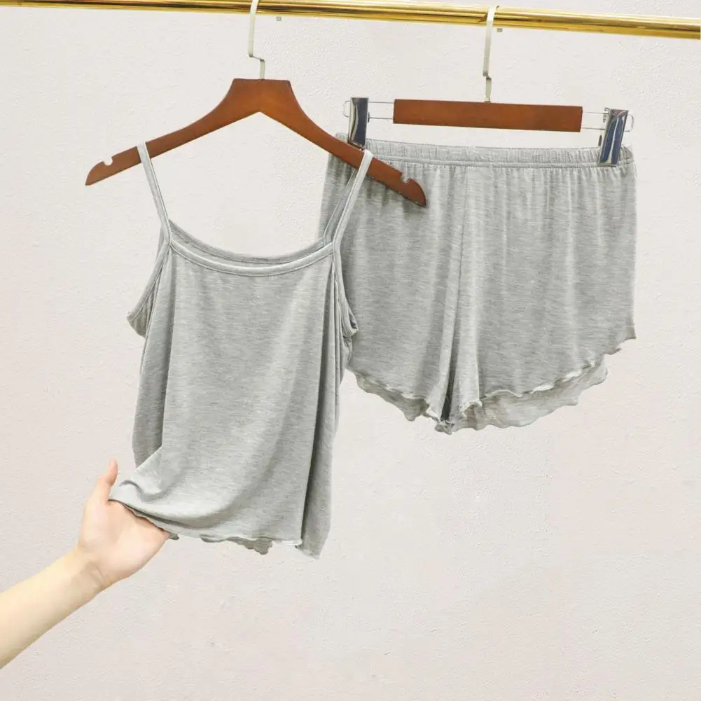 

2Pcs/Set Pajama Set Sheer Trim Nightwear Set Pure Color Modal Suspender Vest Shorts Set