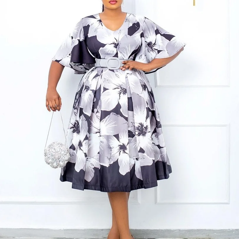 

Летняя мода 2022, Африканское женское платье до колен с V-образным вырезом и принтом из полиэстера, желтое, серое платье с расклешенным рукавом...