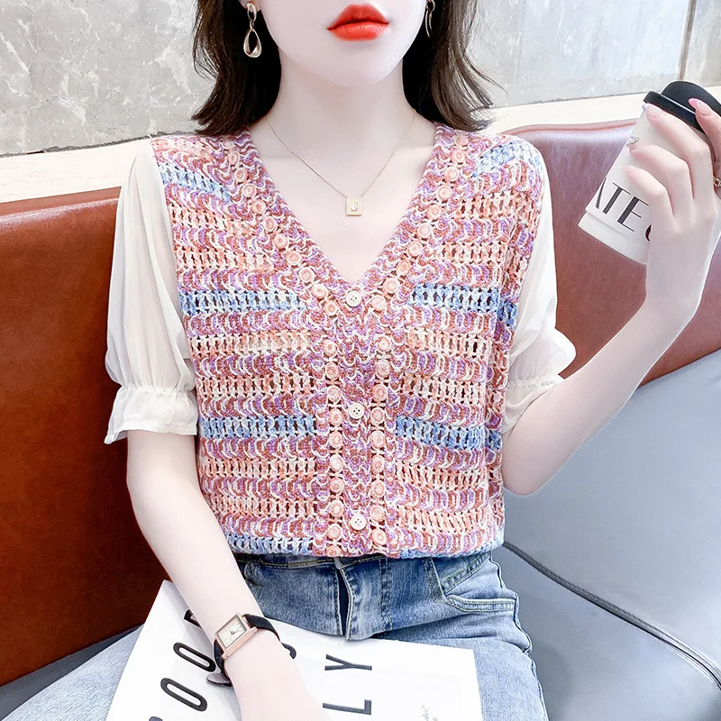 

2023 New Summer Clothes Cardigan Knitted T-Shirt Women Chic Sexy V-Neck Single-breasted Hollow Out Tops Short Sleeve Tees 36097