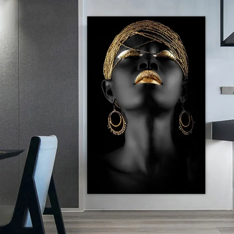 

Fashion African Women Posters And Prints Gold Lip Earrings Black Person Canvas Painting Living Room Home Decor Wall Art Pictures